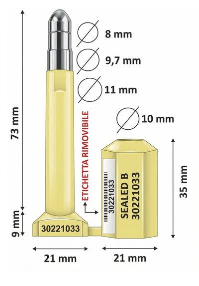 Cerberus Bolt Container Seals Technical Drawing - Dimensions and Peel-Off Sticker Details for India Logistics