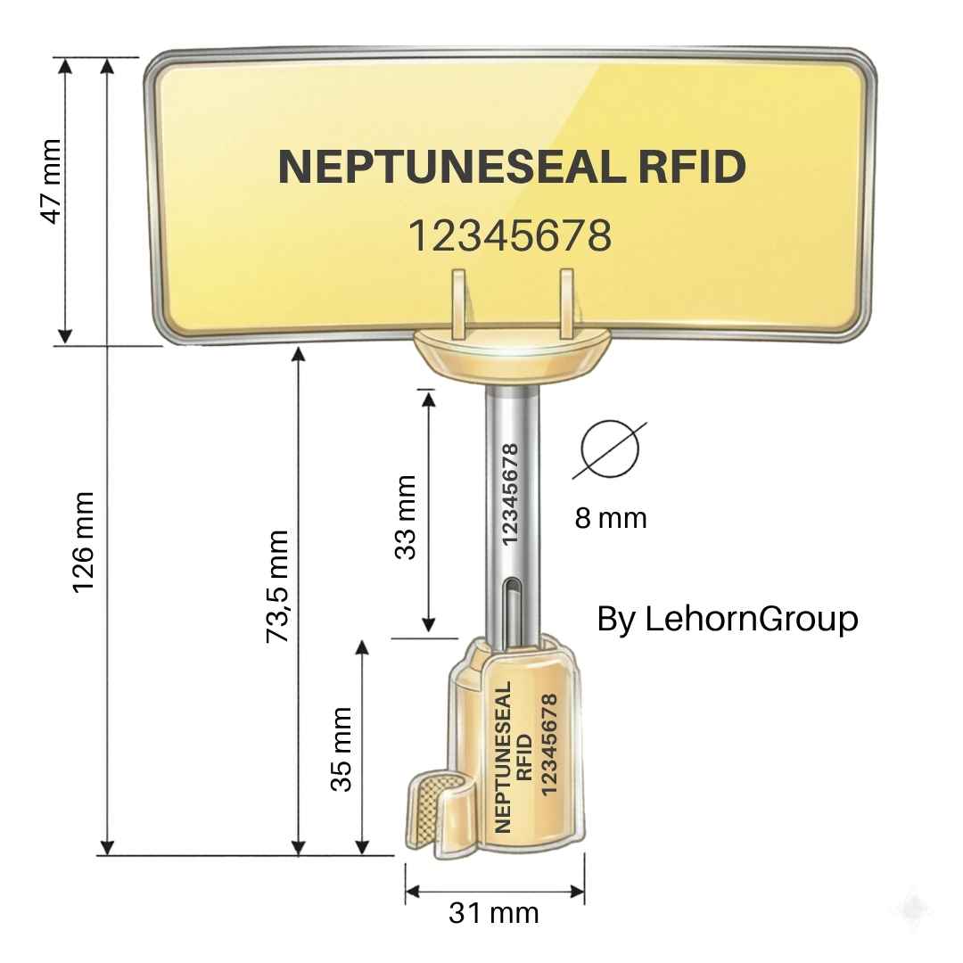 UHF RFID Neptune e-Seal Technical Drawing - Smart Container Seals Dimensions and Electronic Specifications for India